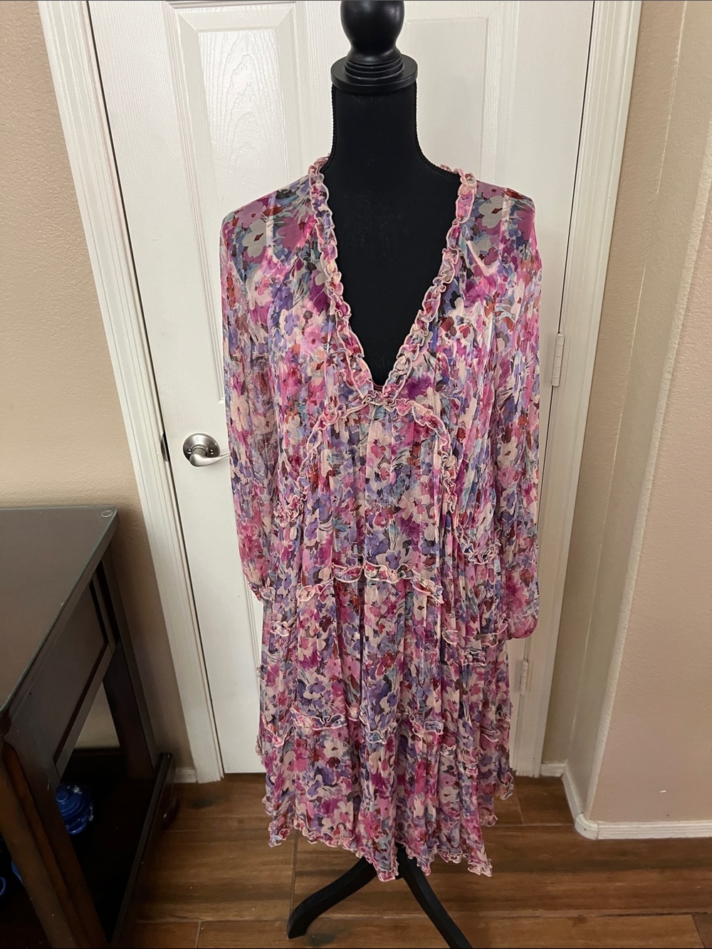 Johnny Was Pink and Purple Floral Ruffle Midi Dress